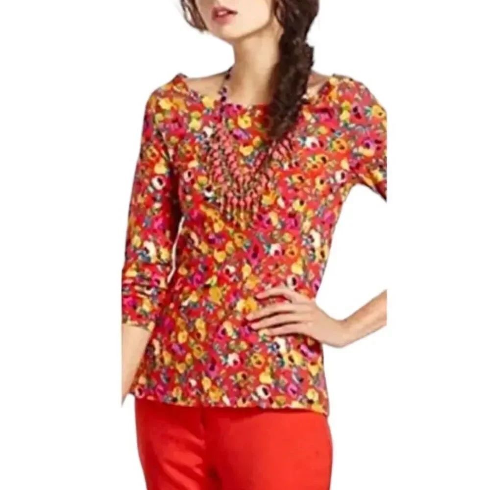 Anthropologie Postmark 3/4 sleeve floral pocket top slightly cropped size medium